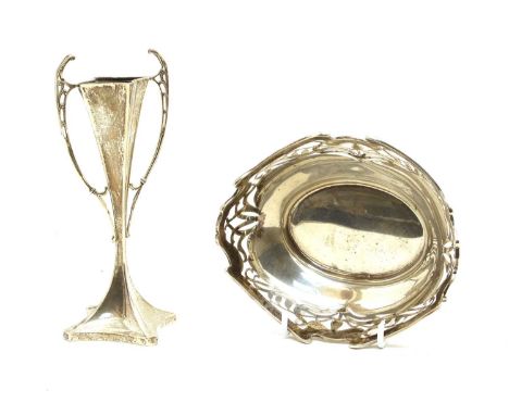 A silver Art Nouveau style specimen vase, London 1982, weighted 17.5cm high and a silver oval bowl, Birmingham 1903, 15cm lon