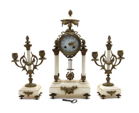 A late 19th century French marble portico clock and garniture, the painted enamel dial signed Dela, Grenoble, to an 8-day dru