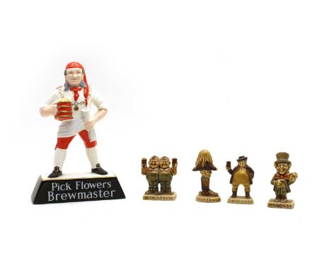 Brewery items: a Carltonware china figure 'Pick Flowers Brewmaster', 24cm high, and four Wade Guinness figures comprising: Tw