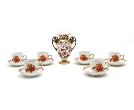 A Herend hand painted Chinese Bouquet, a coffee set comprising six cups and saucers, with printed blue mark to base, together