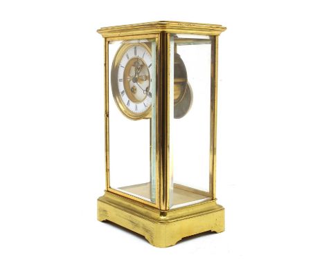 A French four glass brass mantel clock, late 19th century, the eight day movement striking on a bell, with Japy Freres &amp; 