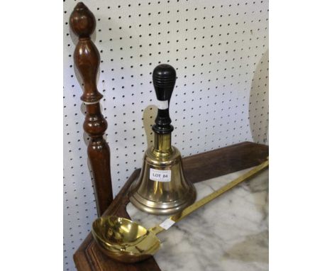 A hand bell with an ebonised handle, a brass ladle and a warming pan with turned wood handle (3)