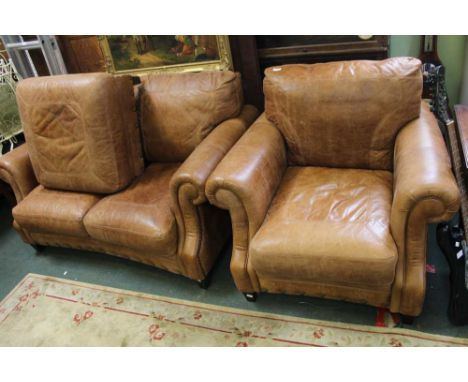 A well made brown leather two seater sofa together with an armchair &amp; foot stool&nbsp;