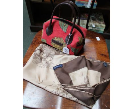 A "Burberrys" pure silk cream and brown printed scarf, with early 20th scenes of flight decoration, together with a "Liz Cox"