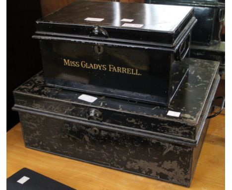 Two vintage black metal named document boxes