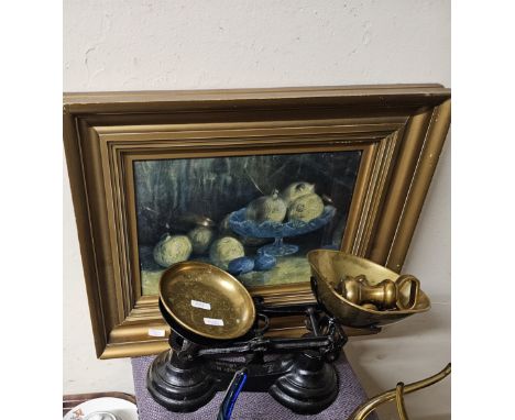 GILT FRAMED PICTURE, SET OF VINTAGE KITCHEN SCALES, FOOTSTOOL, QUANTITY OF THE MAGIC ROUNDABOUT TEA WARE, COMPASS