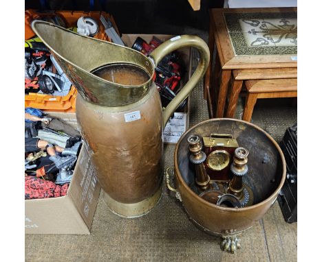 COPPER &amp; BRASS EWER, COPPER &amp; BRASS COAL BUCKET, PAIR OF COPPER CANDLE HOLDERS, COPPER EWER, LONDON CLOCK MANTLE CLOC