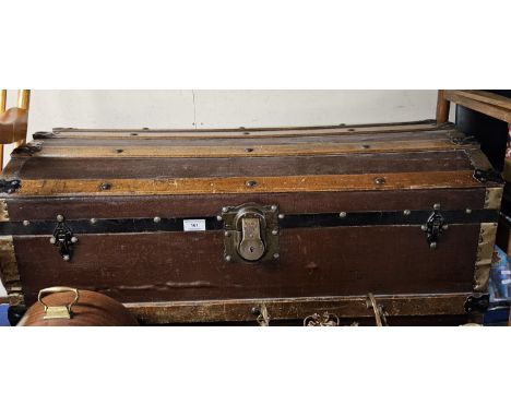 MAHOGANY AND METAL BOUND SHIPPING TRUNK EAGLE LOCK USA     