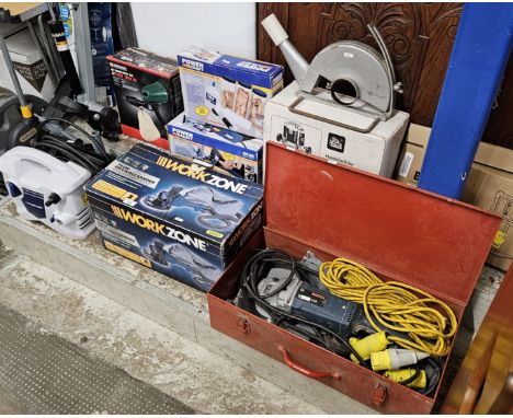 LARGE SELECTION OF POWER TOOLS, BOSCH GRINDER, JWS20-230, WORK ZONE DRY WALL SANDER, POWER CRAFT BISCUIT JOINTER, SAND BLASTE