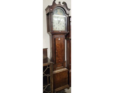 OAK CASED PAINTED FACE GRANDFATHER CLOCK     