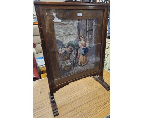 MAHOGANY FRAMED ART DECO STYLE SEWING TAPESTRY PANEL FIRE SCREEN     