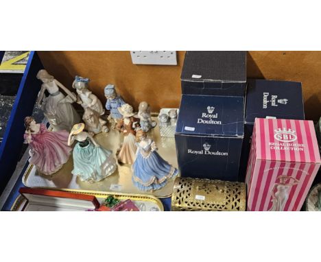 TRAY WITH 5 NAO ORNAMENTS, 2 ROYAL DOULTON FIGURINES, ROYAL WORCESTER FIGURINE &amp; COALPORT FIGURINE ETC