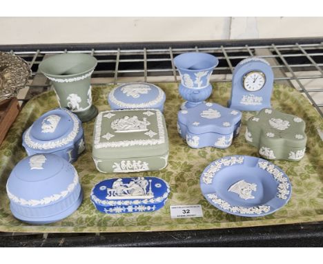 QUANTITY OF WEDGEWOOD JASPER, SPILL VASES, MANTLE CLOCK, LIDDED DISHES, ASHTRAY ETC