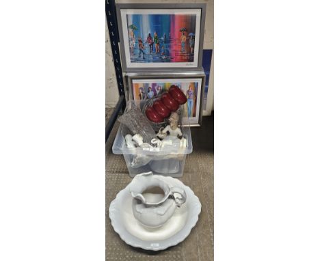 BOX CONTAINING VARIOUS NAO STYLE ORNAMENTS, CUT CRYSTAL BOWL, CUT GLASS VASE, MODERN BASIN &amp; URE , VARIOUS FRAMED PICTURE