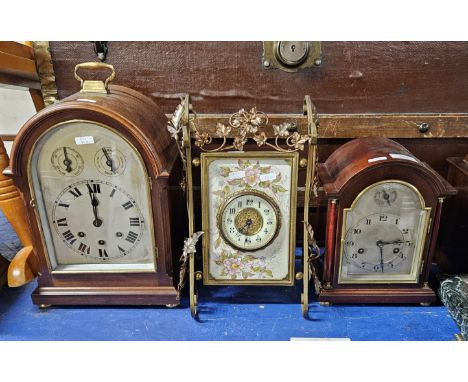 2 MAHOGANY CASED SILVER FACED MANTLE CLOCKS, EDWARDIAN BRASS BOUND ART NOUVEAU STYLE RARE MANTLE CLOCK