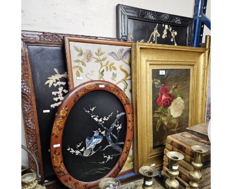 FRAMED OIL ON BOARD STILL LIFE, VARIOUS JAPANESE WALL PLAQUES, FRAMED TAPESTRY PANEL, MAHOGANY DOUBLE HANDLED OLD FRAMED TAPE