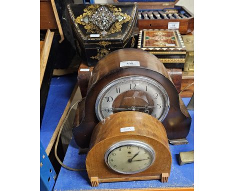 OAK CASED MANTLE CLOCK, WALNUT CASED ELECTRIC MANTLE CLOCK, MAHOGANY MARQUETRY INLAID EDWARDIAN BOX, BRASS BURNS STYLE TEA CA