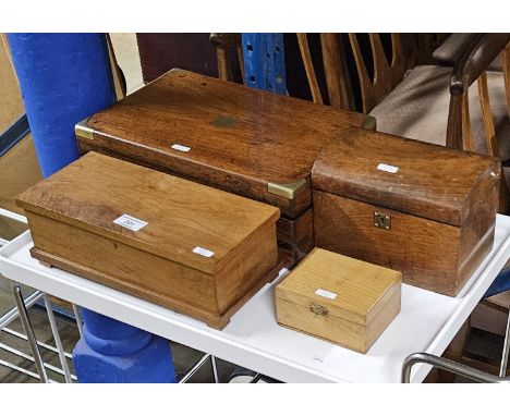MAHOGANY WITH BRASS BOUND WRITING BOX , MAHOGANY 2 DIVISION TEA CADDY, WALNUT LIDDED BOX, OAK LIDDED BOX