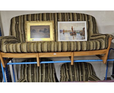 ERCOL VINTAGE 70'S LIGHT OAK 3 PIECE SUITE COMPRISING 3 SEATER COUCH AND 2 SINGLE CHAIRS     