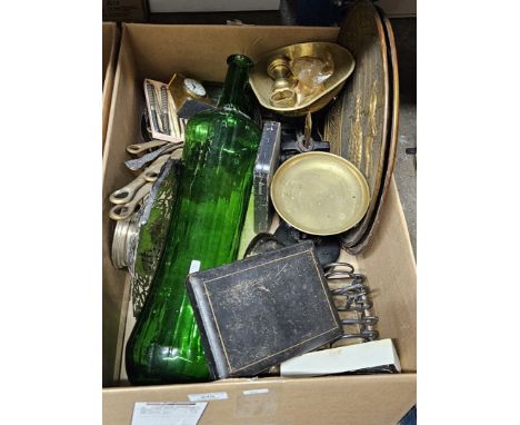 BOX CONTAINING KITCHEN SCALES WITH BRASS WEIGHTS, VARIOUS EP CUTLERY, EP CIGARETTE CASE, EP LOBSTER PICKS, BRASS MANTLE CLOCK