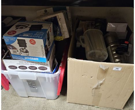 2 BOXES CONTAINING PHONE SET, VARIOUS OUTSIDE LIGHTS, THERMOS FLASK, SKEWERS, JUG, KITCHEN KNIFES AND BLOCK, LED MOOD CANDLES