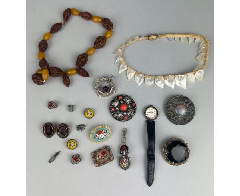 A COLLECTION OF ITALIAN MOSAIC JEWELLERY, SILVER BROOCH WITH CORAL AND A PAIR OF GEM CARVED INTAGLIO EARRINGS ALONG WITH TWO 