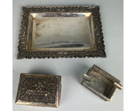 A COLLECTION DECORATIVE CONTINENTAL SILVER, comprising of a tray, a trinket box and an open salt container, total weight: 784