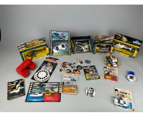 A COLLECTION OF JAMES BOND CORGI TOYS AND BADGES (QTY)To include James Bond 007 The Spy Who Loved Me Lotus Esprit, James Bond