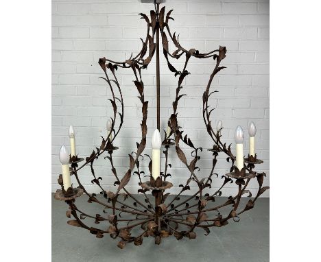 A LARGE TEN ARM WROUGHT IRON CHANDELIER OF LEAF DESIGN,110cm x 110cm 