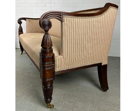 A LARGE 19TH CENTURY GEORGE III DESIGN SETTEE UPHOLSTERED IN PINK AND CREAM TICKING FABRIC, Raised on four legs and ceramic c
