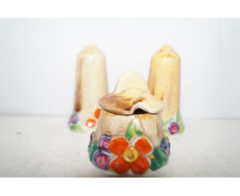 Clarice Cliff Bizarre Condiment Set (poor restoration to lid)