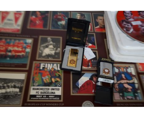 Manchester United collection to include a Zippo lighter, cabinet plates &amp; framed montage