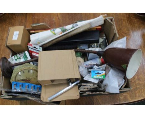 A BOX CONTAINING A SWAN NECKED BENCH TOP TASK LIGHT, together with other tools and accessories 