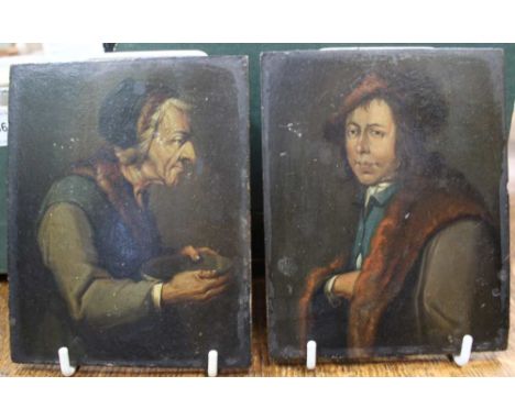 A PAIR OF PAINTED PORTRAIT WOODEN PLAQUES, probably Dutch, on softwood panels 
