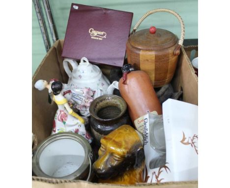 A BOX CONTAINING A SELECTION OF USEFUL DOMESTIC ITEMS to include; teapot, biscuit barrels etc. 