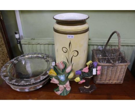 A SELECTION OF DOMESTIC ITEMS VARIOUS, to include circular stick stand, doorstops, serving trays etc. 