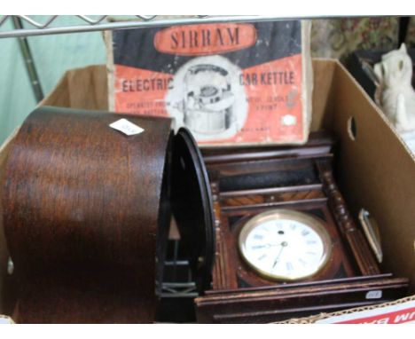 A BOX CONTAINING TWO WOODEN CASED CLOCKS together with a boxed Sirram car kettle 