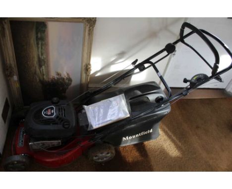 A MOUNTFIELD BRANDED BRIGGS &amp; STRATTON POWERED PETROL LAWNMOVER with grass collection box, and manual 