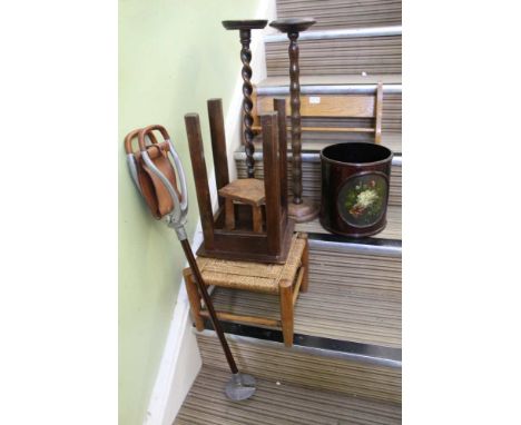 A SMALL SELECTION OF USEFUL DOMESTIC ITEMS to include shooting stick, waste paper basket, stools, book rack etc. 