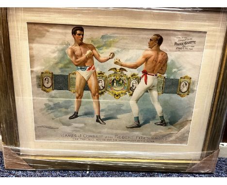 Rare Police Gazette Original Colour Boxing Poster of James Corbett Vs Robert Fitzsimmons on Dec 15th, 1894, By Richard K Fox.