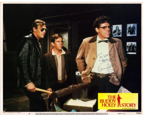 Gary Busey signed The Buddy Holly story 14x11 inch colour lobby card dedicated. Good Condition. All autographs come with a Ce