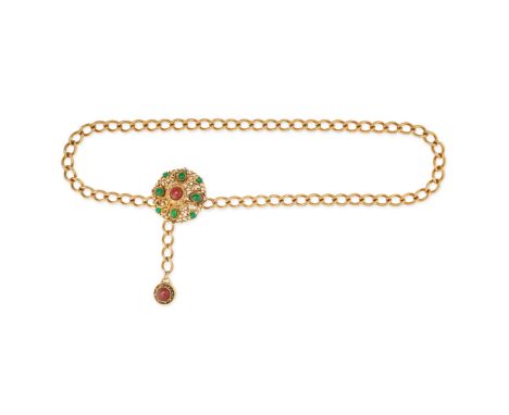 NO RESERVE - A VINTAGE COLOURED GLASS AND FAUX PEARL BELT comprising a curb chain, the openwork clasp set with a cabochon red