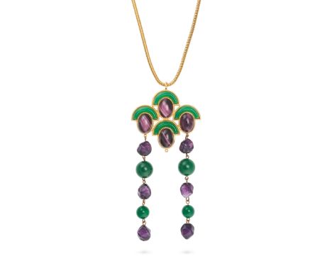 NO RESERVE - CHRISTIAN DIOR, A VINTAGE PURPLE AND GREEN GLASS NECKLACE the pendant set with fancy shaped green paste and cabo