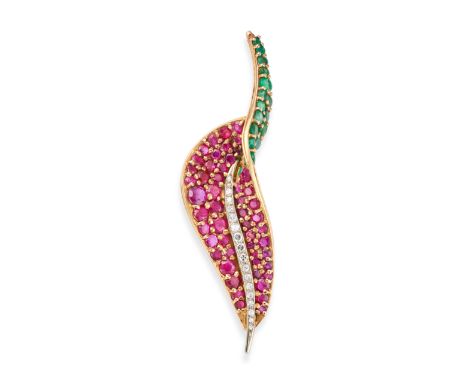 A VINTAGE FRENCH, RUBY EMERALD AND DIAMOND BROOCH in 18ct yellow gold, designed as a leaf set with round cut rubies, accented
