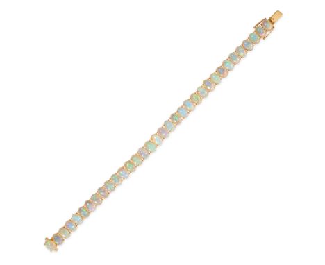 AN OPAL LINE BRACELET set with a row of oval cabochon opals, the opals all totalling 17.95 carats, stamped 18K, 17.5cm, 16.7g