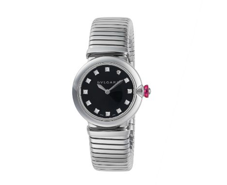 BULGARI, A LUCEA LADIES WRISTWATCH ref. LU28S in stainless steel, smooth bezel surrounding a black dial with diamond hour mar