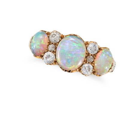 AN ANTIQUE OPAL AND DIAMOND RING in 18ct yellow gold, set with three oval cabochon opals accented by trios of old cut diamond