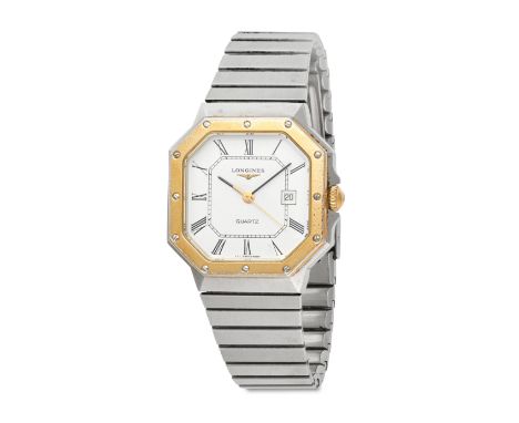 LONGINES, A VINTAGE WRISTWATCH in stainless steel, the octagonal screw down bezel surrounding a white dial with Roman numeral
