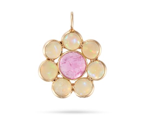 A PINK TOURMALINE AND OPAL FLORAL PENDANT set with a central round cabochon pink tourmaline, surrounded by a cluster of seven