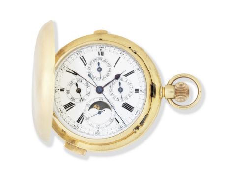 An 18K gold keyless wind triple calendar minute repeating chronograph pocket watch with moon phaseDate: Circa 1900, London Im
